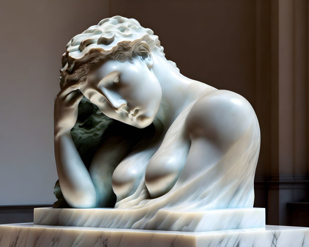 Marble sculpture of person in sorrowful pose with detailed classical carving