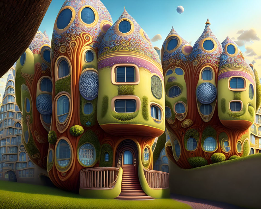 Colorful Surreal Illustration of Whimsical Houses and Nature Scenery