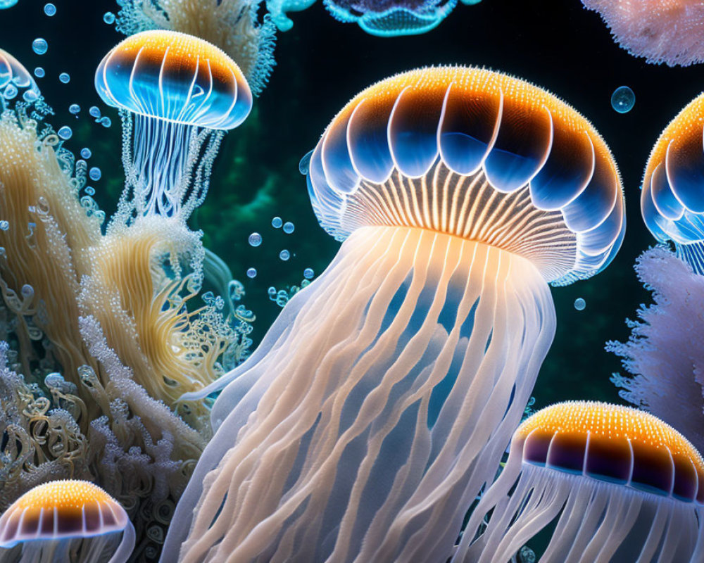 Bioluminescent jellyfish and sea anemones in deep blue marine setting