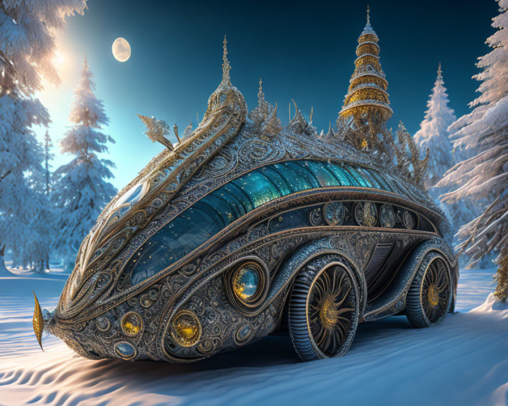 Ornate golden-patterned vehicle in snowy landscape