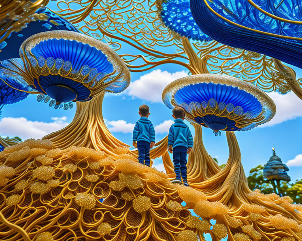 Children observing surreal mushroom structures under blue sky.