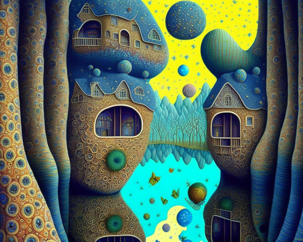 Whimsical surreal artwork of floating islands and quirky houses