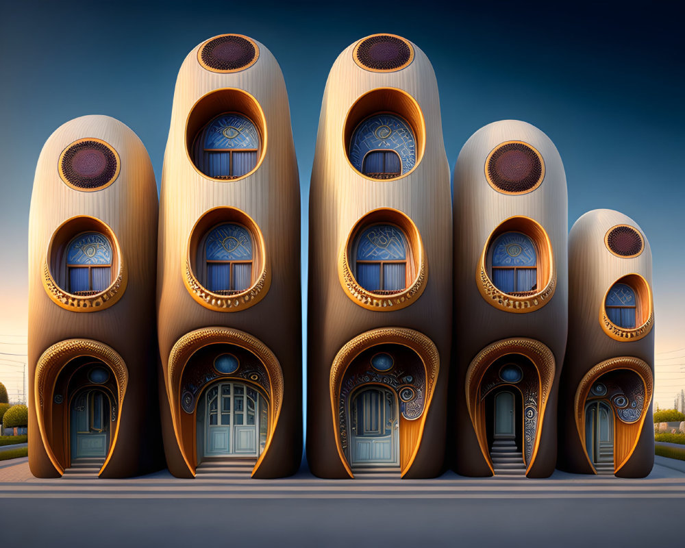 Unique cylindrical wooden buildings with round windows and ornate doors at twilight