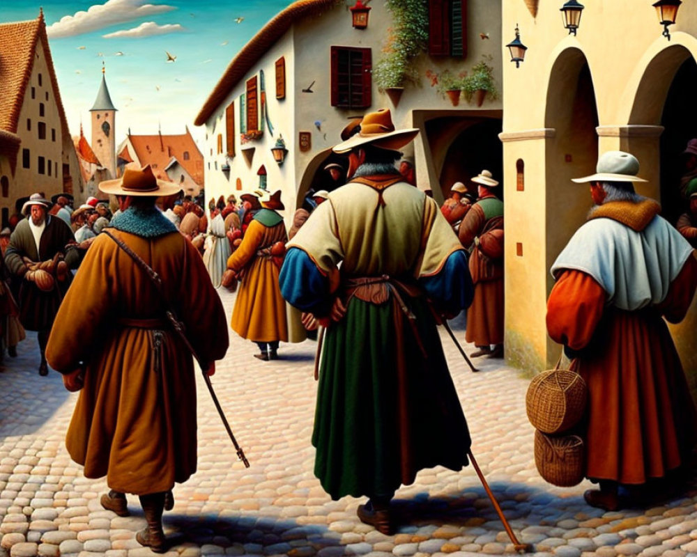 Medieval town scene with colorful townsfolk on cobblestone streets under clear blue sky