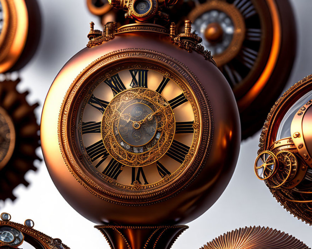 Intricate bronze spheres with clockwork designs in a steampunk setting