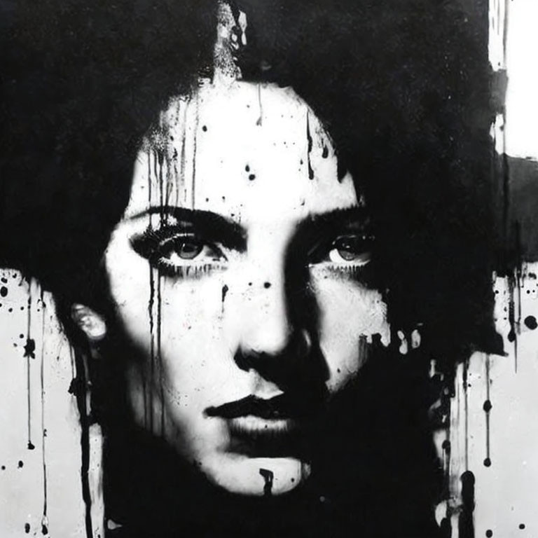 Monochrome portrait of a woman with striking eyes and dripping paint details