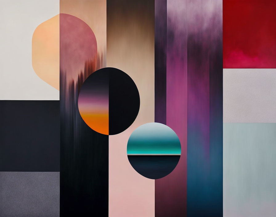 Colorful Abstract Painting with Gradient Panels and Overlapping Circles