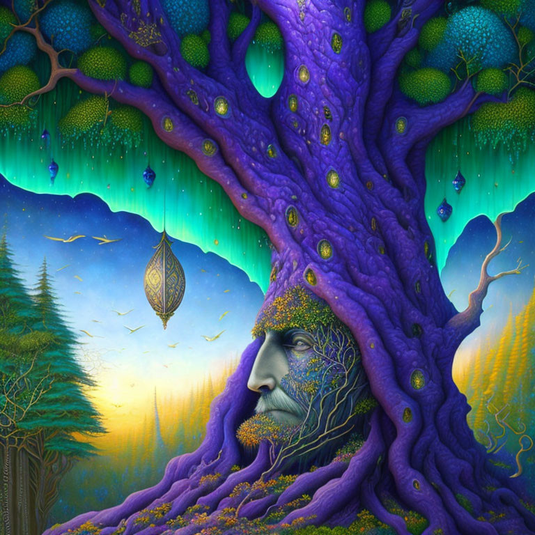 Vibrant purple tree with human face in mystical forest