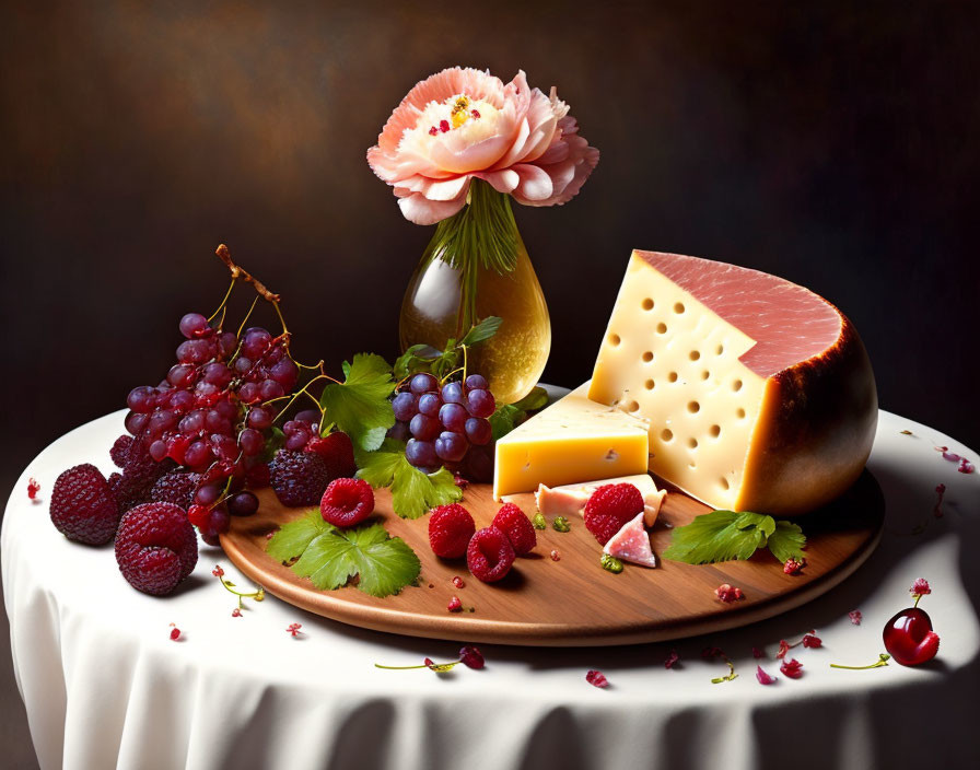 Cheese and Fruit Still Life on Wooden Board Against Dark Background