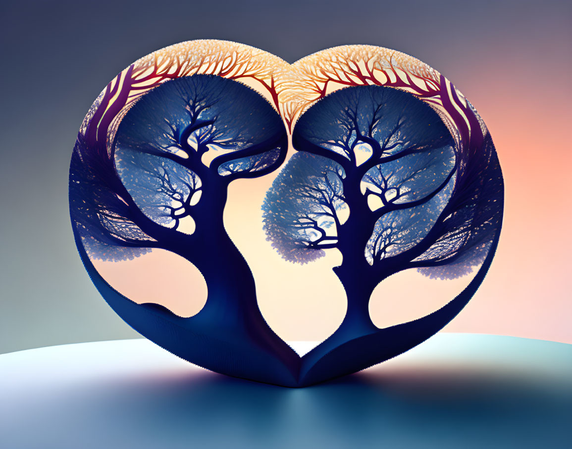 Heart-shaped silhouette with tree-like structures on soft background