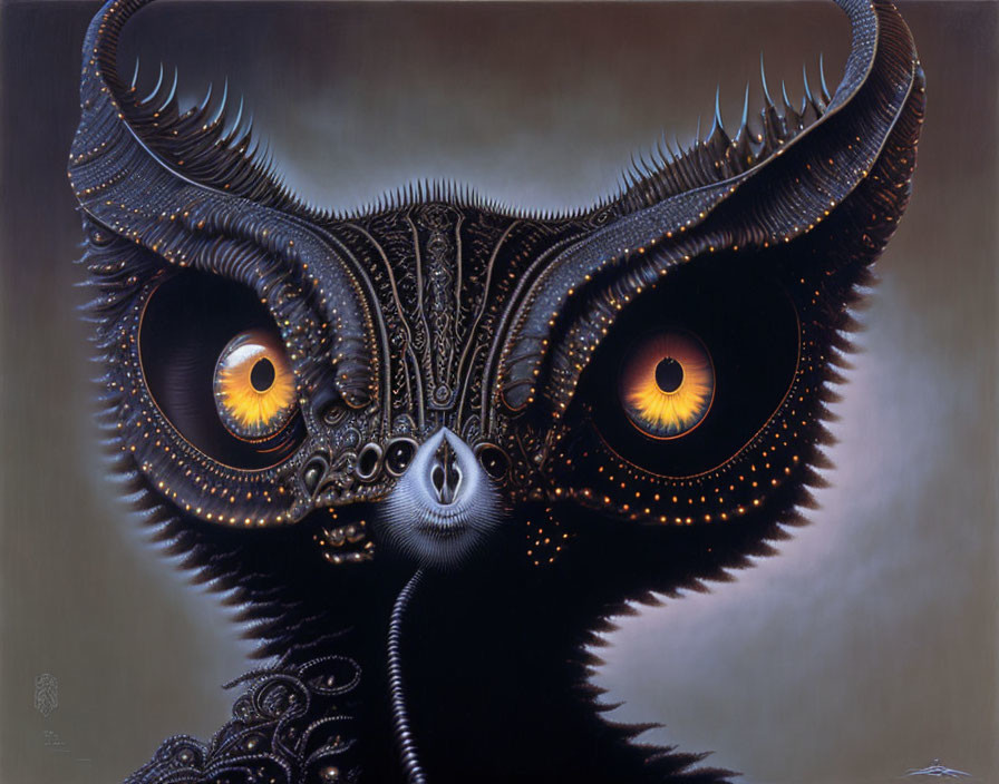 Surreal painting of mysterious creature with glowing orange eyes