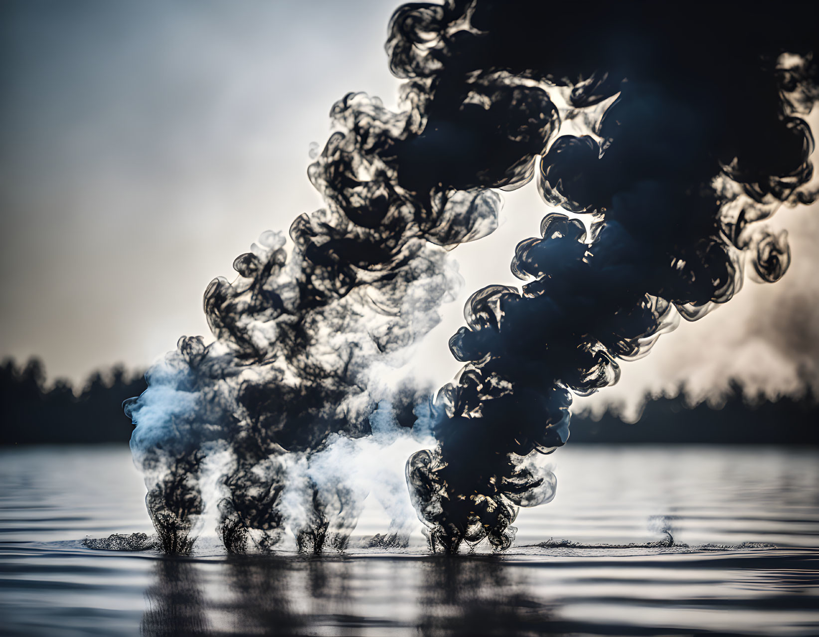 Reflective water surface with billowing black smoke and silhouetted trees