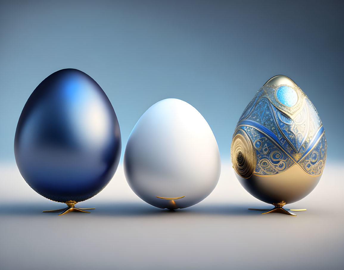 Assorted Egg Designs: White, Metallic Blue, and Intricate Blue Patterns on Golden Stands