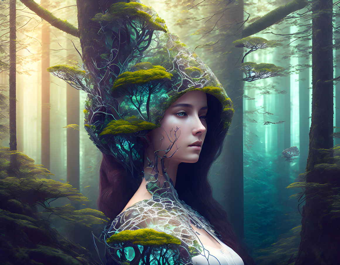 Woman blending with mystical forest, adorned with trees and moss