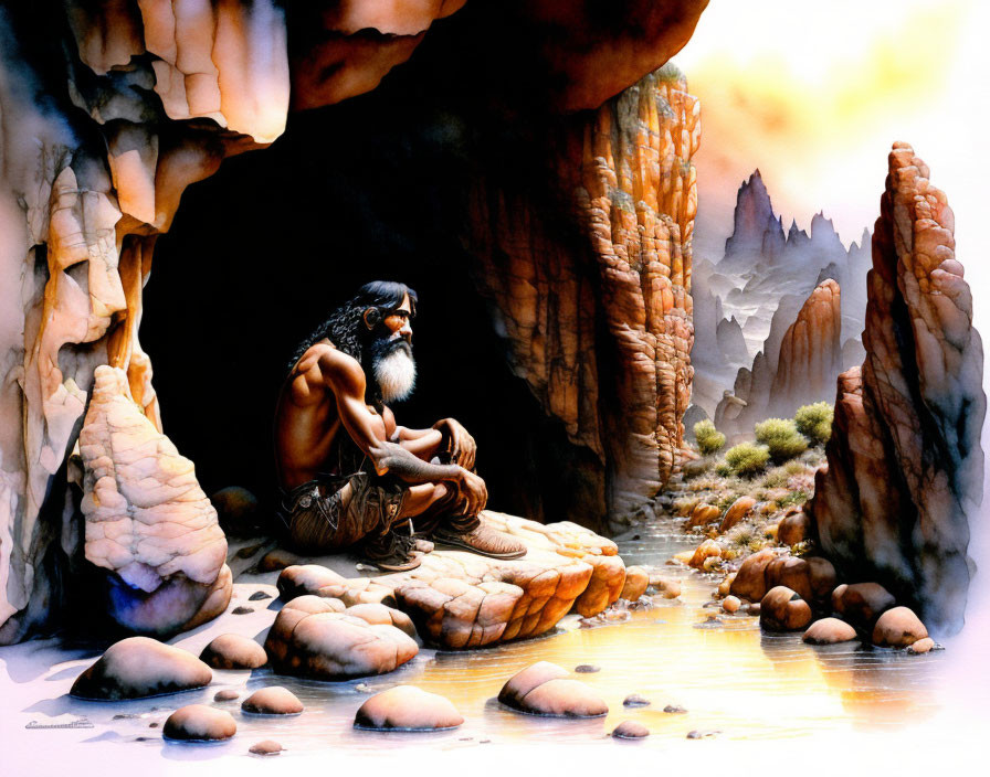 Bearded man meditating by water pool in cave with mountains.