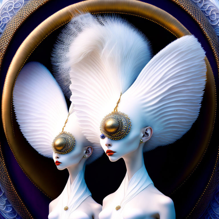 Surreal pale figures with elongated necks in ornate attire on dark background