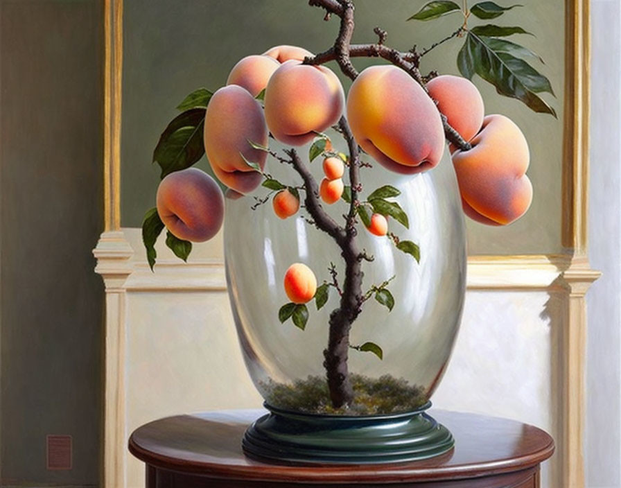 Realistic painting of ripe peaches on branch in vase on pedestal