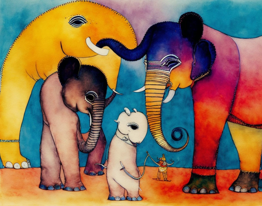 Vibrant Family of Four Elephants with Mouse in Whimsical Style