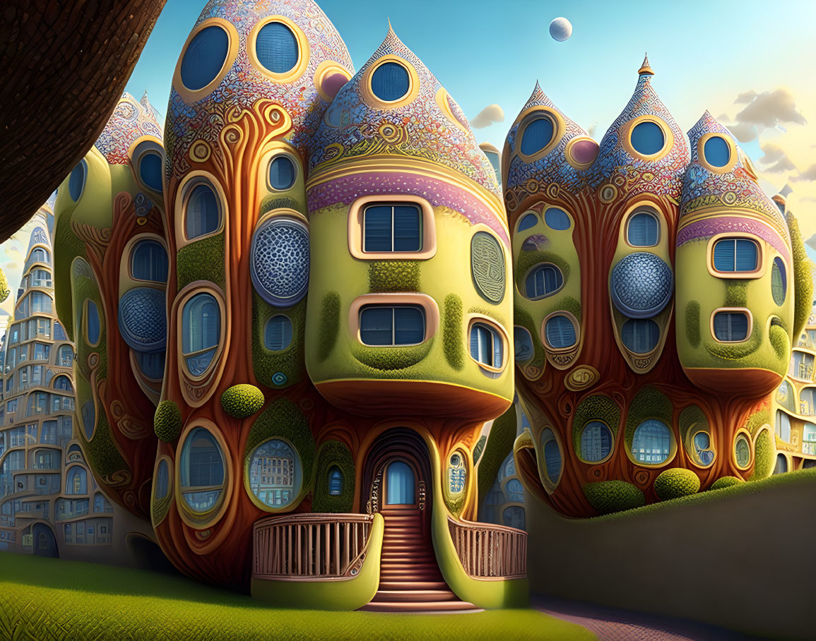 Colorful Surreal Illustration of Whimsical Houses and Nature Scenery