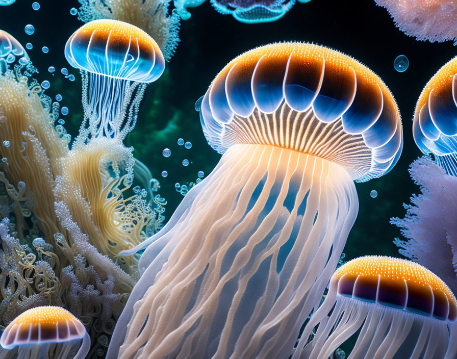 Bioluminescent jellyfish and sea anemones in deep blue marine setting