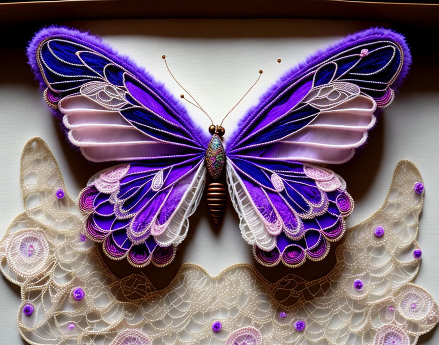 Colorful Embroidered Butterfly with Purple and White Designs on Pale Background