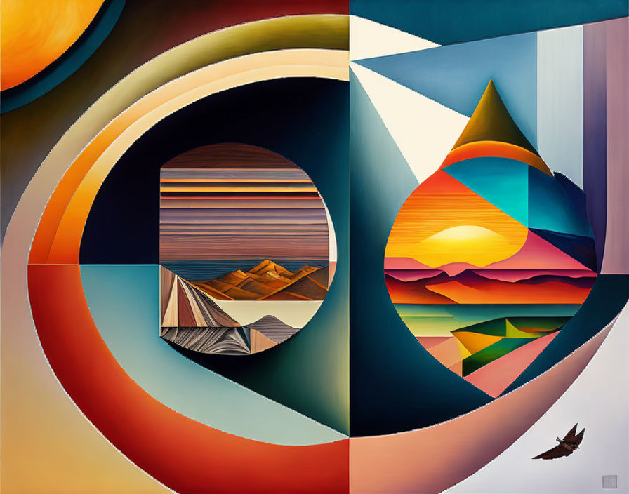 Colorful abstract art: concentric circles, geometric shapes show desert, sunset, soaring bird.