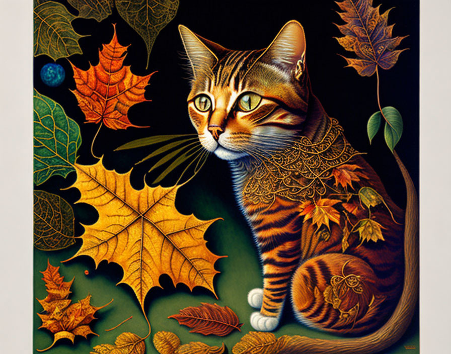 Detailed Tabby Cat Artwork with Autumn Leaves in Whimsical Style