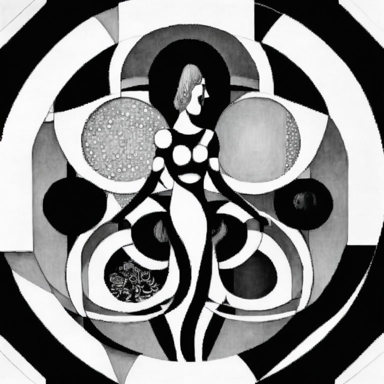 Monochrome abstract art: stylized woman in circular geometric background.