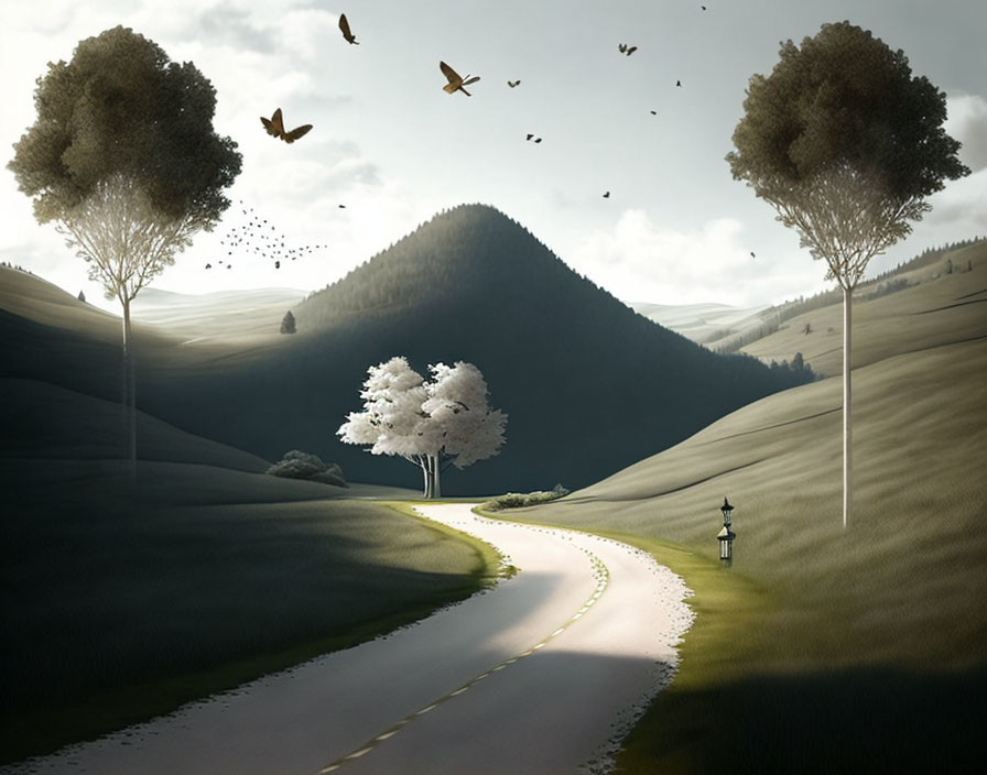 Tranquil landscape with winding road, trees, mountain, birds, cloudy sky