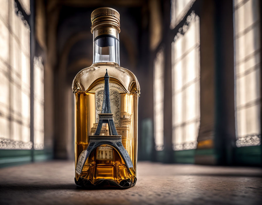 Golden liquid bottle with Eiffel Tower label on wooden surface, classic arched windows in background