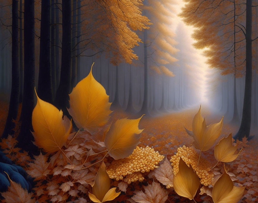 Golden leaves carpet forest path in misty scene