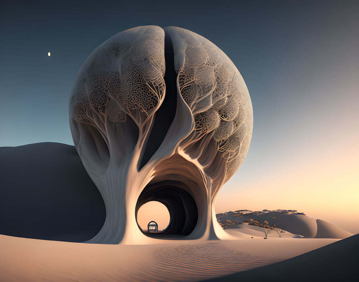 Surreal landscape with tree-like archway over bench in twilight desert