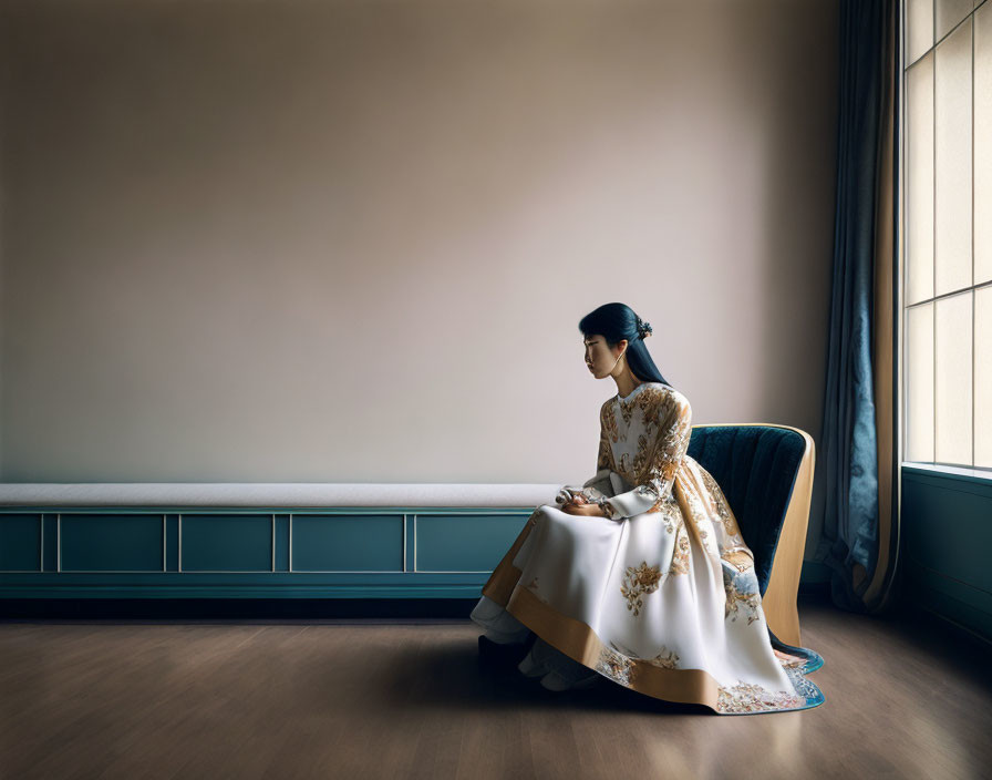 Elegant woman in dress on vintage chair by window in muted room