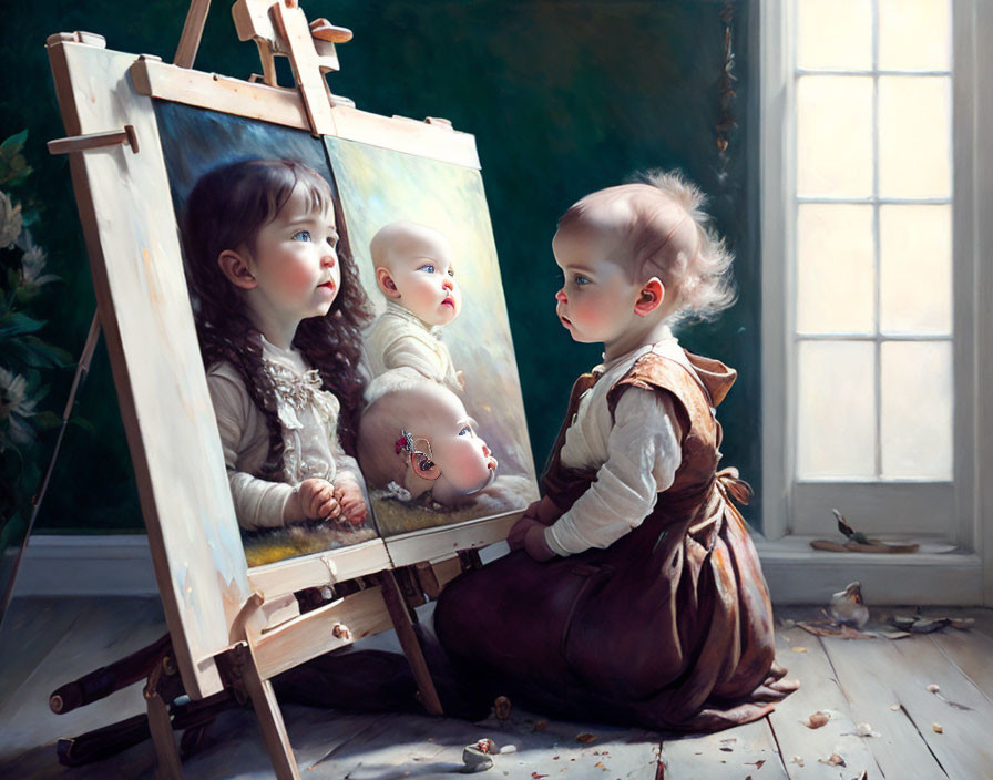 Children, painting, doll, serene background scene through window