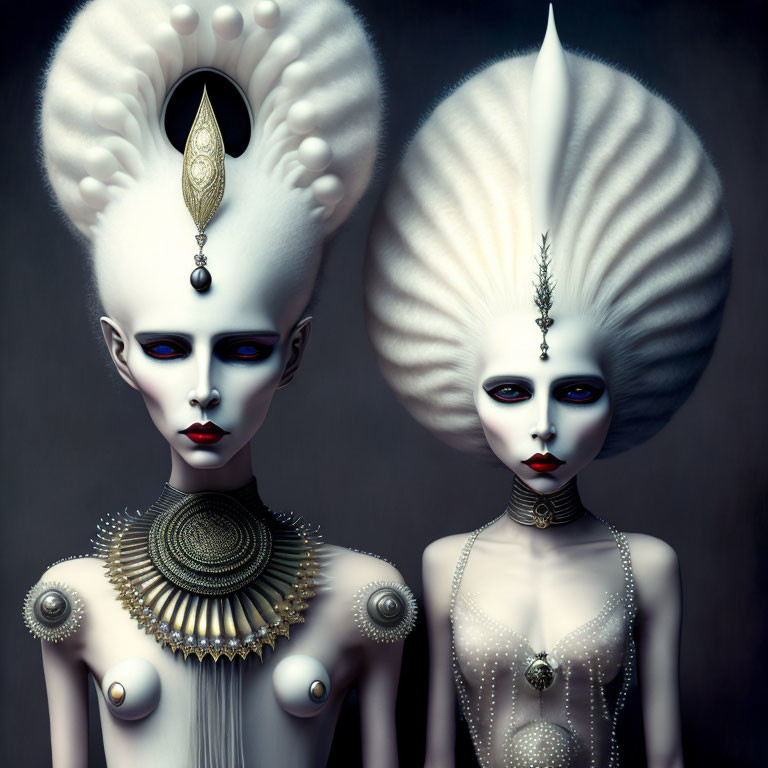 Surreal pale figures with ornate headdresses and eye makeup on dark background