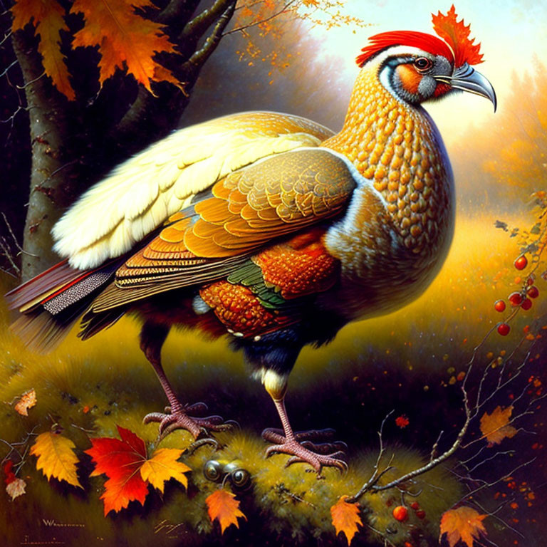 Colorful Pheasant Among Autumn Leaves with Red Crest