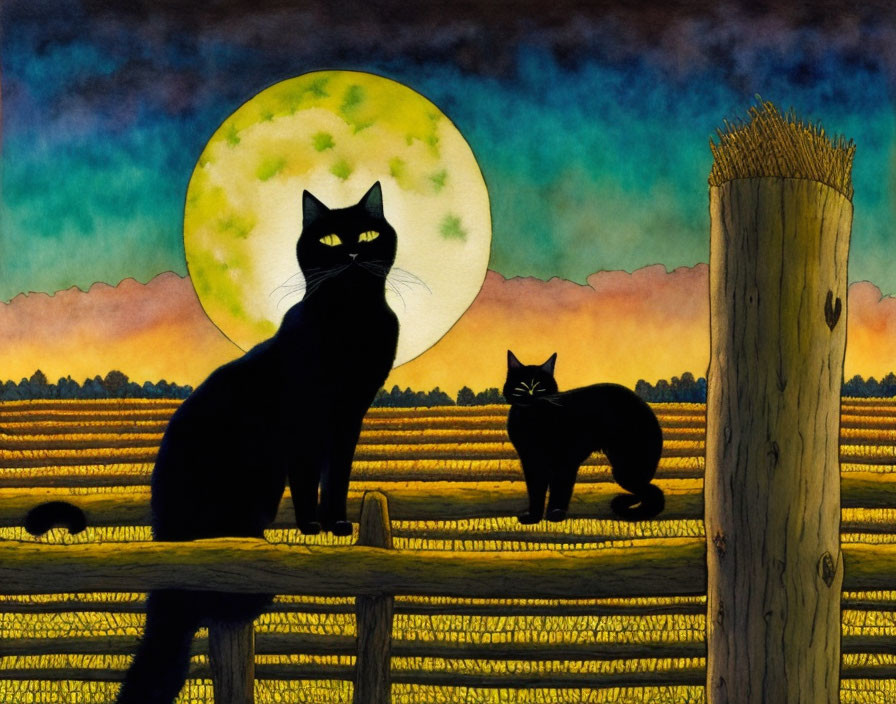 Two black cats on a fence under a full moon in a rural landscape at twilight