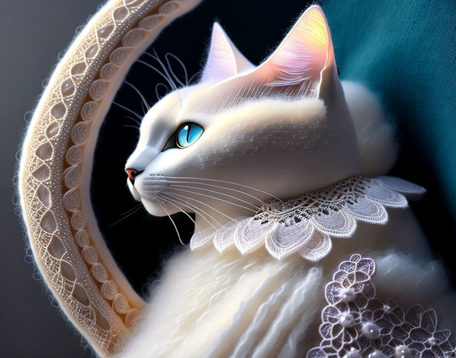 White Cat with Blue Eyes and Lace Collar on Dark Background