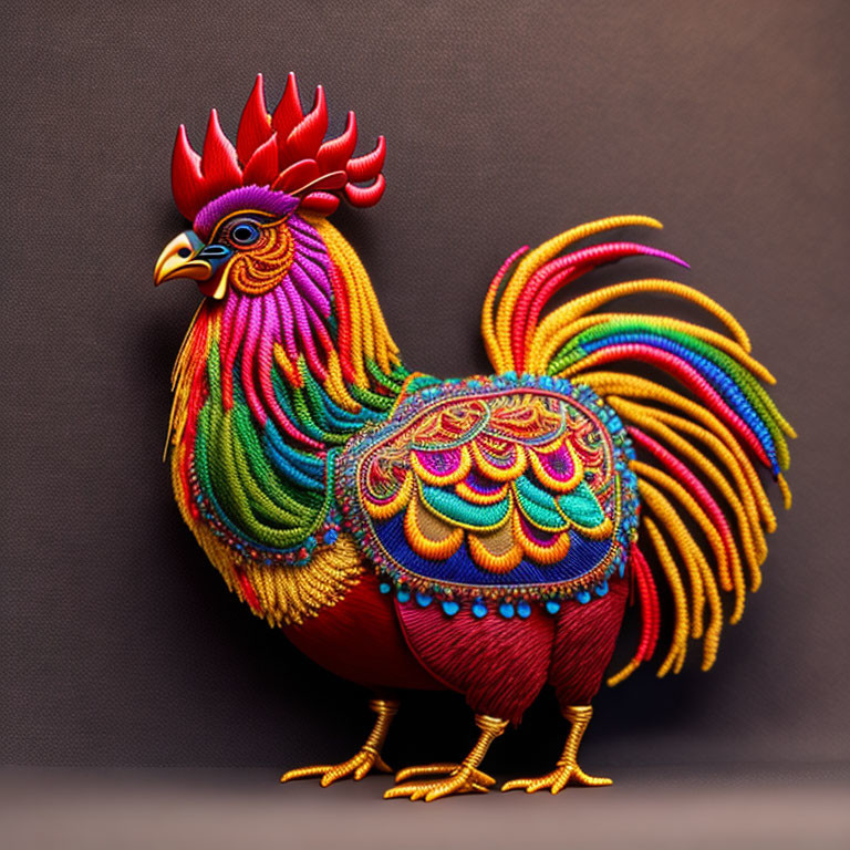 Colorful Stylized Rooster with Rainbow Body on Brown Background