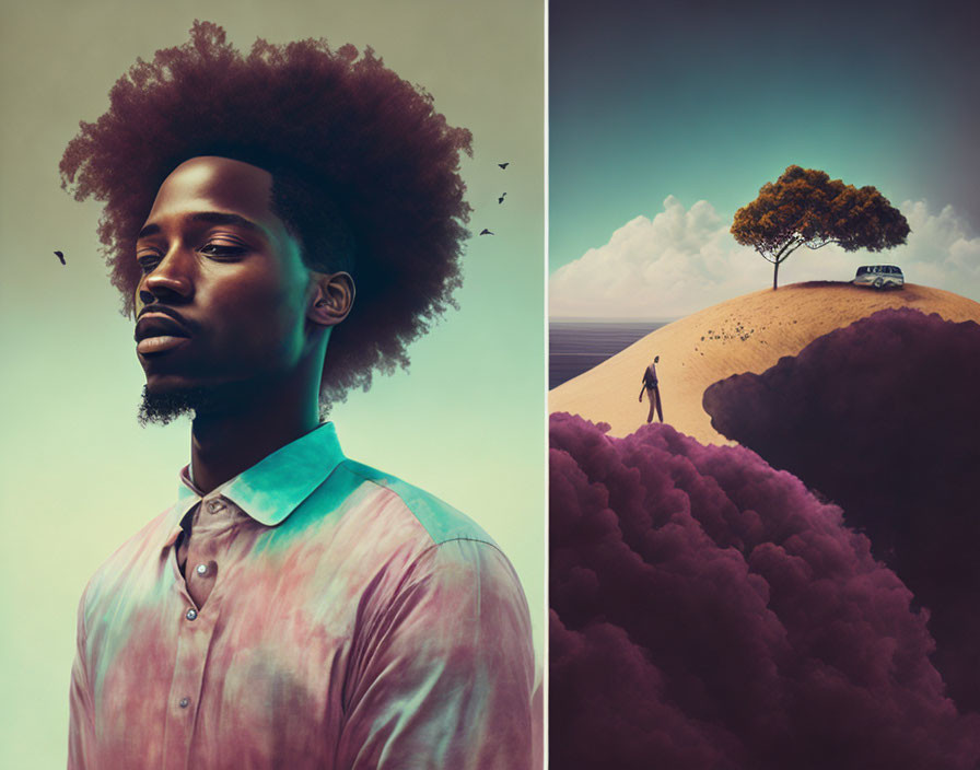 Split image: man with afro & surreal landscape with tree, car, figure on hill