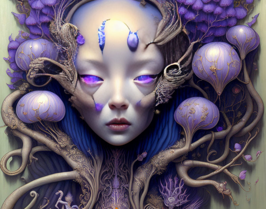 Fantastical portrait of female entity with purple eyes in serene, otherworldly setting