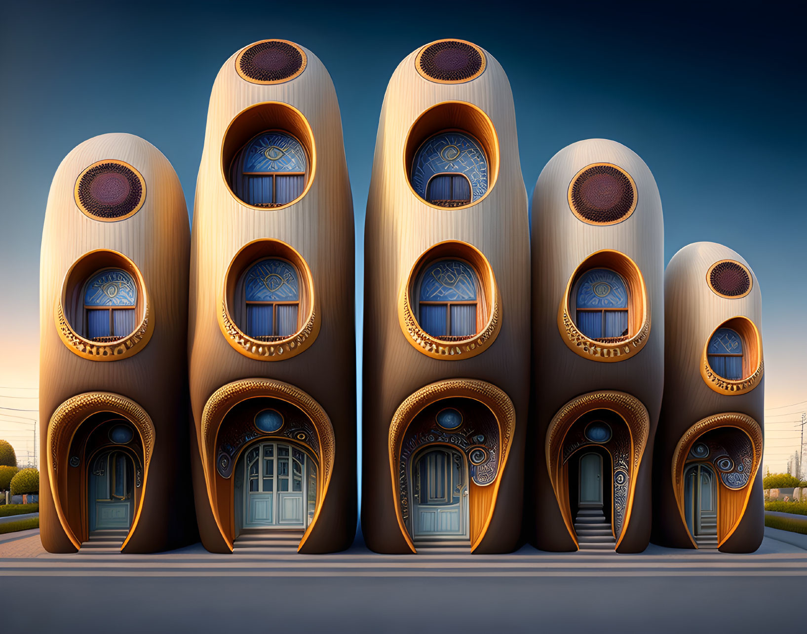 Unique cylindrical wooden buildings with round windows and ornate doors at twilight