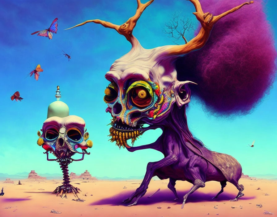 Vibrant purple creature with skull-like head in surreal desert scene