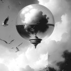 Monochromatic artwork: Birds flying around inverted city in transparent sphere