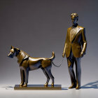 Abstract sculpture of slender figure walking dog