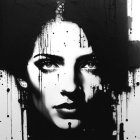 Monochrome portrait of a woman with striking eyes and dripping paint details