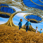 Children observing surreal mushroom structures under blue sky.