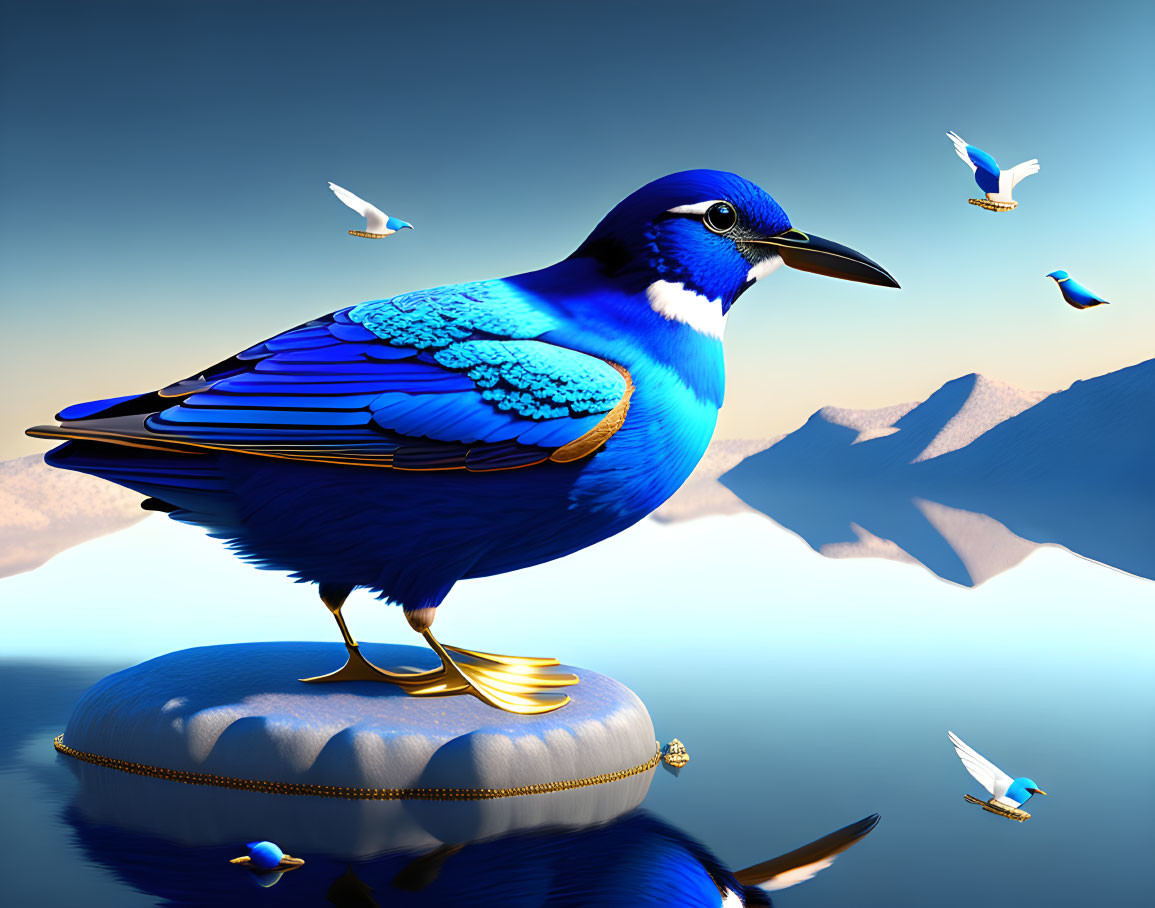 Surreal metallic blue bird with golden details on stone in serene mountain scene