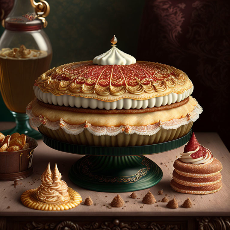 Elegant cream-topped puff pastry dessert on green stand