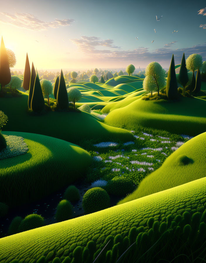 Rolling green hills and trimmed trees under a warm sunrise or sunset